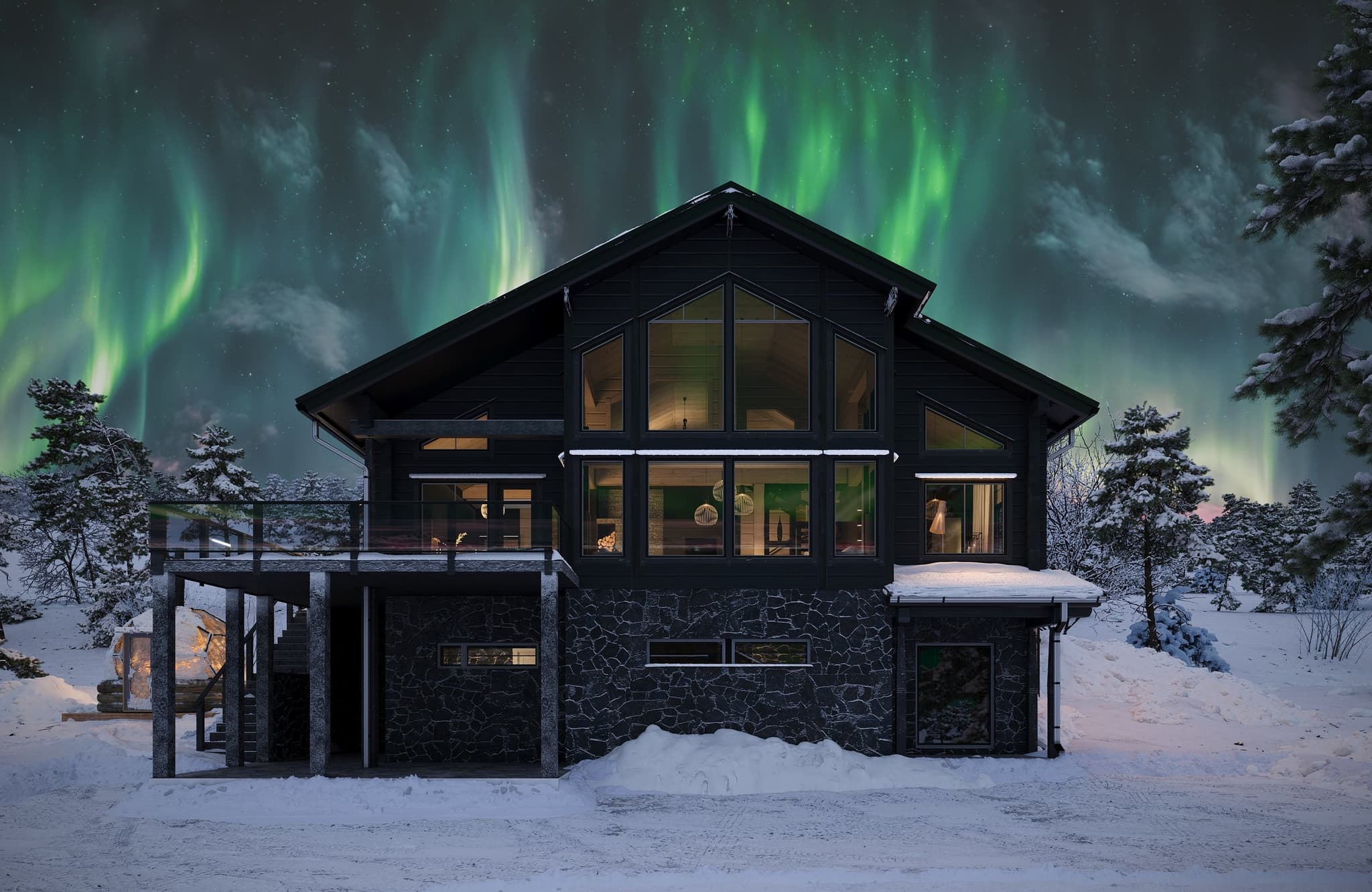A dark modern chalet stands in a snowy landscape beneath vivid green northern lights at night.