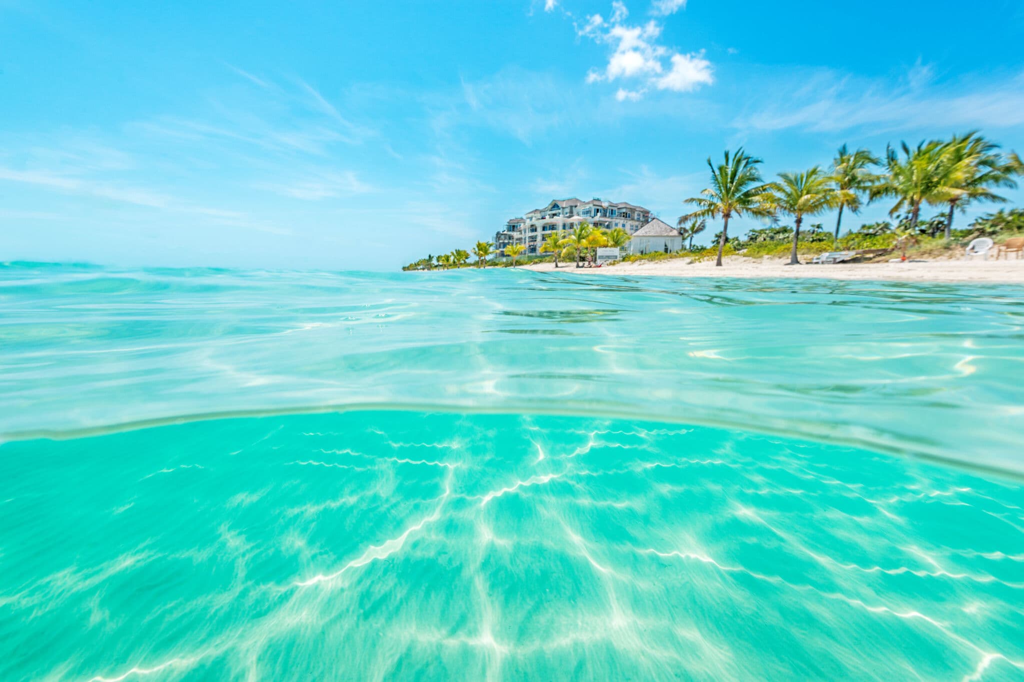 A bright tropical beach scene shows turquoise water in the foreground, a sandy shore lined with palm trees, and a low beachfront resort building under a clear blue sky.