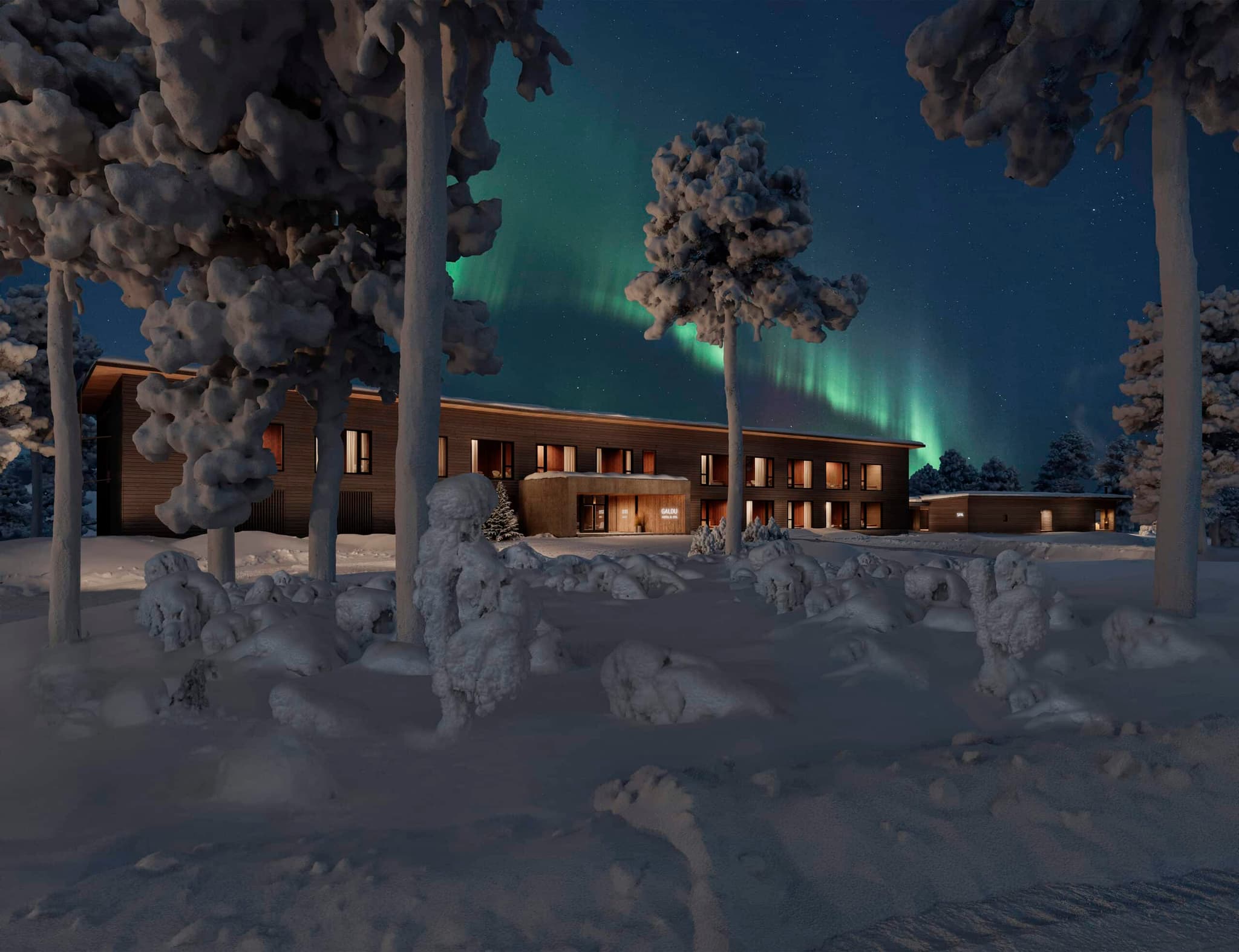 A snow-covered lodge stands under a starry night sky with the green aurora glowing behind frost-laden trees.