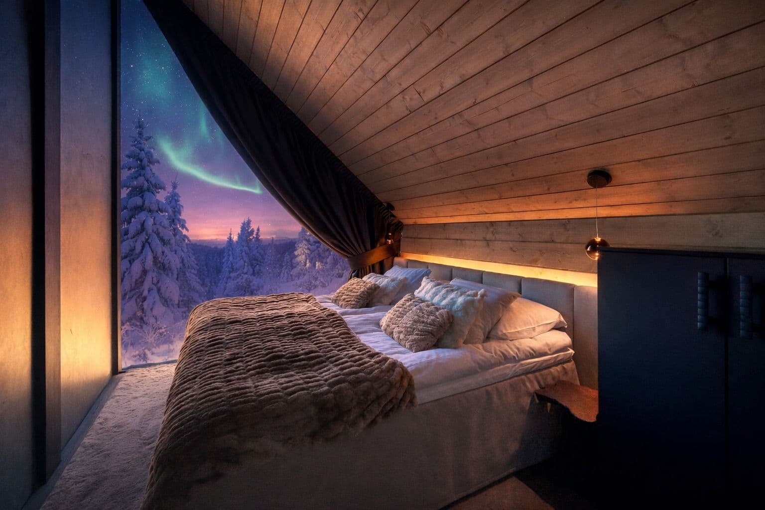 A cozy bedroom with a large picture window framing snow-covered trees and the northern lights at dusk.