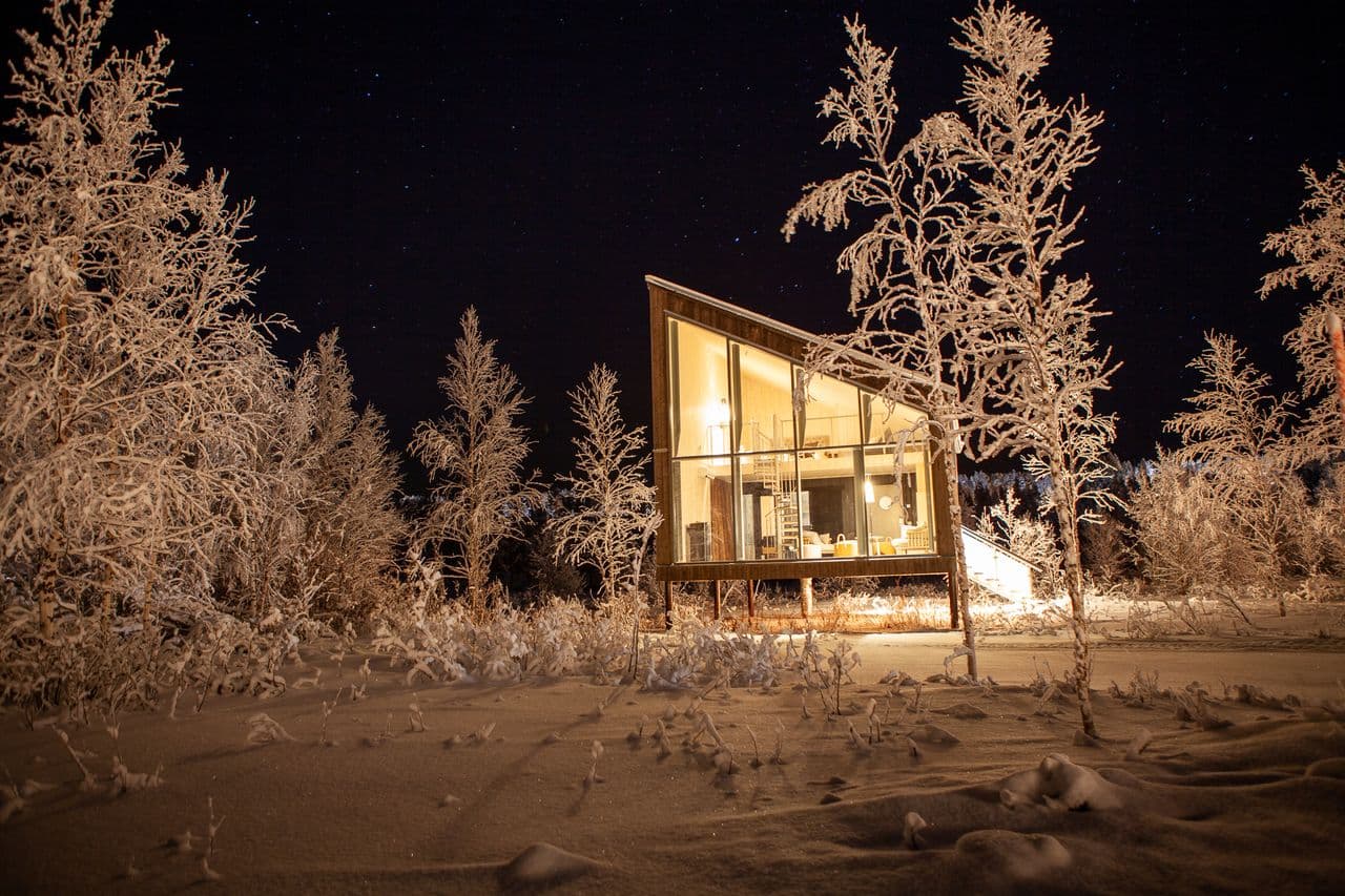 A modern glass-walled cabin glows warmly in a snowy forest under a dark night sky.
