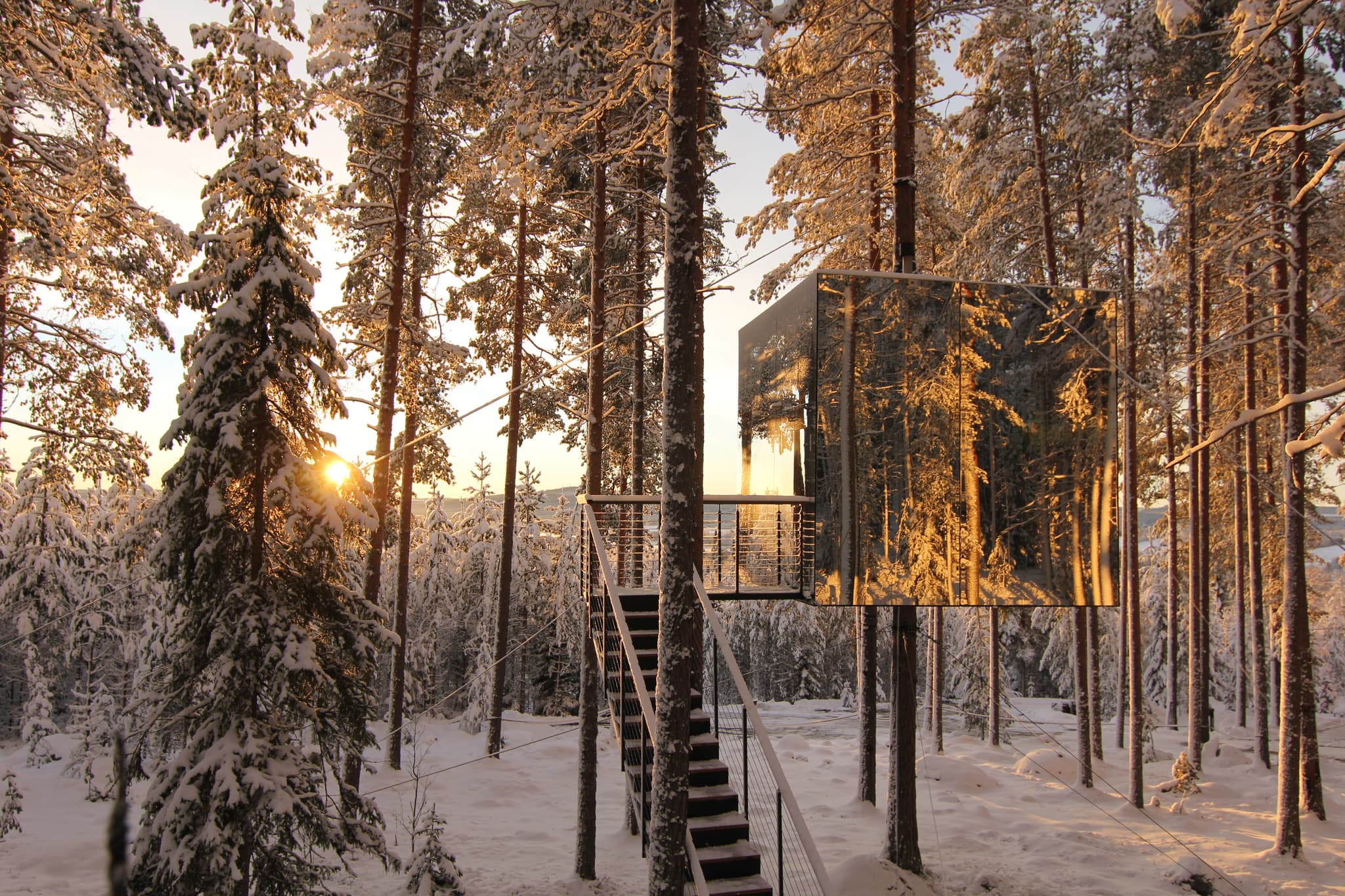 Snowy forest at sunrise with a modern mirror-like cabin elevated on stilts and surrounded by tall pine trees dusted with snow.