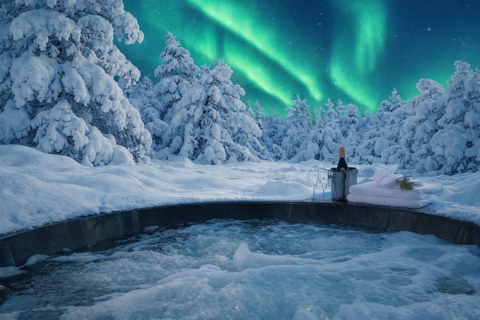 A snowy outdoor hot tub sits beneath a vivid green aurora in a winter forest at night.